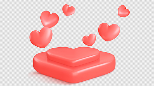 3d Valentine red heart podium plastic platform isolated on transparent background. Love shape realistic vector scene for display product. Romantic pedestal for wedding presentation illustration