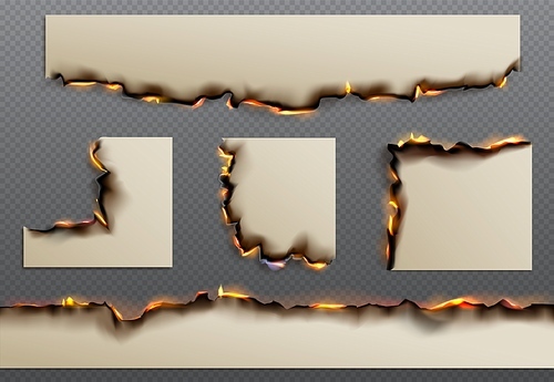 Isolated burn paper page edge with fire vector effect. Realistic burnt sheet texture and flame border with black ash on transparent background. 3d set of flammable damage rectangle note png