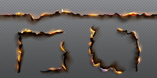 Burn edge paper hole corner vector effect set on transparent background. Isolated realistic fire and ash texture border for burnt page. Scorched flammable template illustration for mockup.