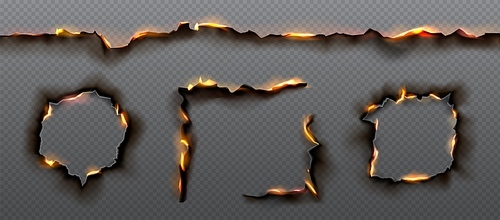 Burn edge paper hole corner vector effect set on transparent background. Isolated realistic fire and ash texture border for burnt page. Scorched flammable template illustration for mockup.