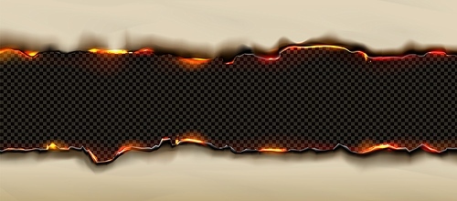 Burnt paper edges effect with fire and black ash. Borders with texture of burning scorched old paper pages with flame isolated on transparent background, vector realistic illustration