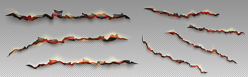 Fire on burnt paper edges. Frames with burn effect with yellow flame, black ash and scorched edges of pages or parchment sheets isolated on transparent background, vector realistic set