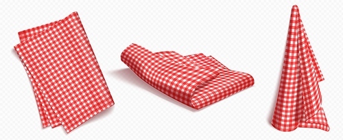 Set of red checkered towels folded, hanging and top view isolated on white background. Realistic vector illustration of napkin, cozy kitchen interior design element, home textile for domestic use