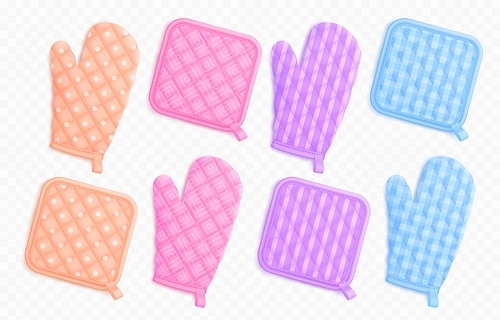 Kitchen mittens and potholders, fabric holders for cooking. Template of textile oven mitts and gloves with polka, striped and checkered pattern, vector realistic illustration