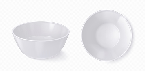 empty white bowl, deep plate for liquid food, soup, sauce, . or porridge. mockup of round ceramic dish, kitchen tableware in top and side view, vector realistic illustration