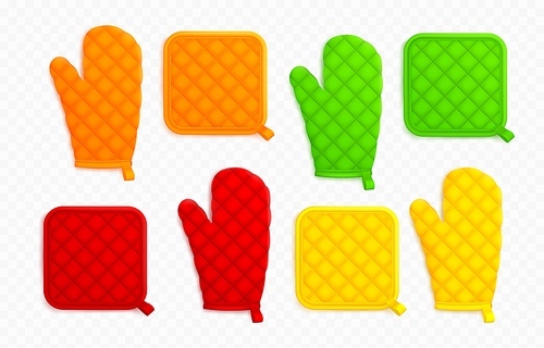Kitchen mittens and potholders, fabric holders for cooking. Template of textile oven mitts and gloves bright colors, red, orange, yellow and green, vector realistic illustration