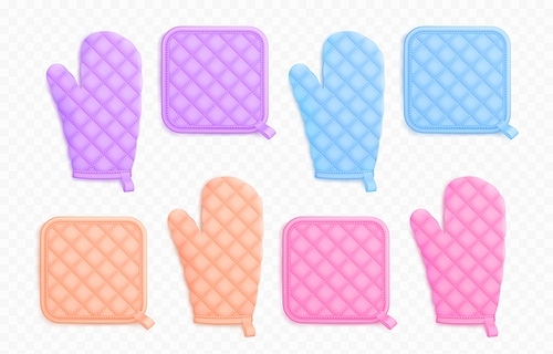 Kitchen mittens and potholders, fabric holders for cooking. Template of textile oven mitts and gloves in pastel colors, vector realistic illustration