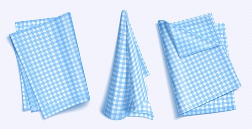 Set of blue checkered towels folded, hanging and top view isolated on white background. Realistic vector illustration of napkin, cozy kitchen interior design element, home textile for domestic use
