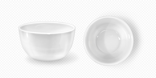 Realistic empty deep sauce bowl in vector. Isolated white plate on transparent background. Porcelain kitchen dish mockup for restaurant or cafe menu design. Ceramic salad dishware top and side view.