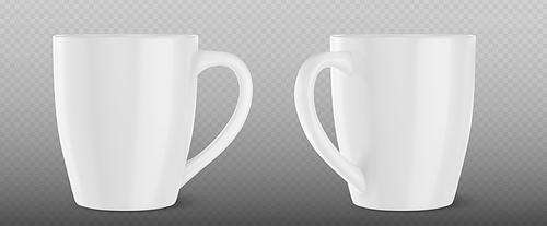 White cup mockup template design. 3d tea or coffee porcelain mug with handle vector mock up. Realistic side view office teacup illustration for corporate branding or advertising with reflection.