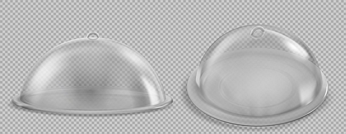 Realistic set of closed glass cloche trays isolated on transparent background. Vector illustration of round dish with bell lid. Restaurant container for elegant serving of cake, lunch, dessert, pastry