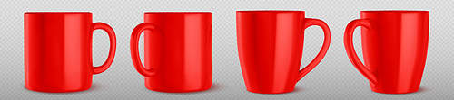 Realistic set of red mug mockups isolated on transparent background. Vector illustration of big ceramic cups with handles for drinking beverages, hot tea or coffee at home or in office. Place for branding