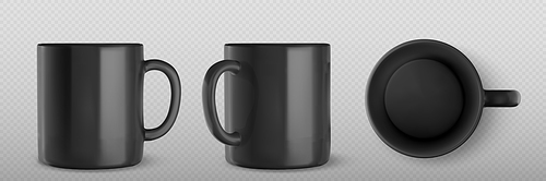 3d mockup of black mug for tea or coffee. Template of blank ceramic or porcelain cup. Empty black mug in front, side and top view, vector realistic set isolated on transparent background