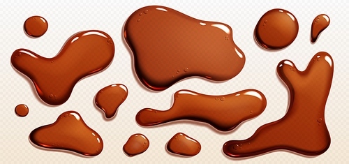 Realistic set of cola or coffee puddles isolated on transparent background. Vector illustration of brown liquid substance, drink, oil, black soy sauce stains and blobs with bubbles spilled on surface