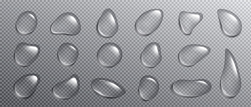 Realistic condensation water tears. Isolated vector droplet on transparent background. 3d clear glass drop texture set. Liquid wet surface png illustration with white reflection design macro view.