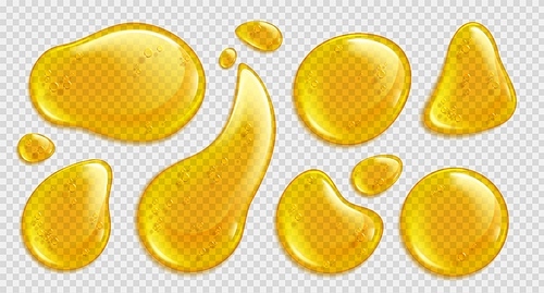 Gold honey or yellow argan oil vector droplet set. Isolated realistic 3d yellow serum liquid drop stain with bubble top view. Keratin cosmetic fluid puddle illustration on transparent background.