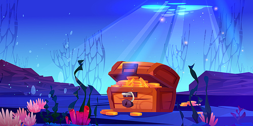 Cartoon vector treasure chest underwater in ocean. Light throuh water on hidden box with gold coins on seabed background illustration. Deep undersea adventure for lost treasury and trophy.