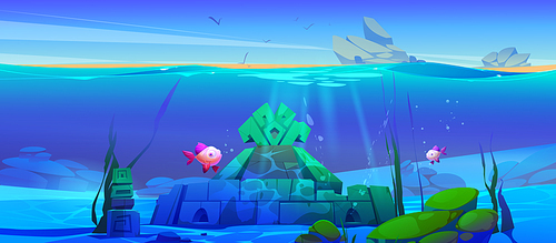 Ancient underwater ruins on sea bottom. Vector cartoon illustration of old stone building or treasure cave, antique inscriptions, mysterious signs on bricks, fish in water. Adventure game background