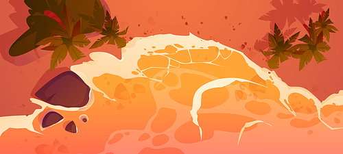 Sunset sand beach top view vector background. Island in sea water summer cartoon travel illustration. Orange ocean shore tropical landscape journey banner template. Hawaii resort coastline leaflet.