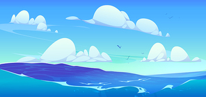 Ocean wave and blue sky with cloud vector background. Sea cartoon landscape. Sunny horizon skyline scene. Wild seaside wide wallpaper with water splash and foam. Beautiful nautical concept