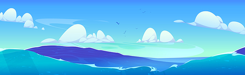 Ocean wave and blue sky with cloud vector background. Sea cartoon panoramic landscape. Sunny horizon skyline scene. Wild seaside with water splash, foam and flying birds