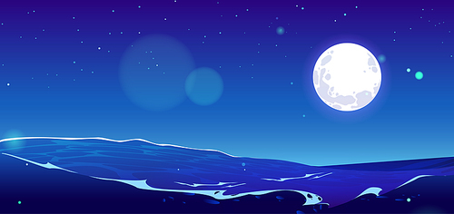Ocean wave and blue sky with full moon and stars vector background. Sea cartoon panoramic landscape. Clear horizon skyline scene. Wild seaside with water splash and foam