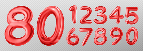 3d red numbers font for birthday or anniversary celebration, sale banner. Glossy metal balloons of 3d digits, vector realistic illustration isolated on transparent background