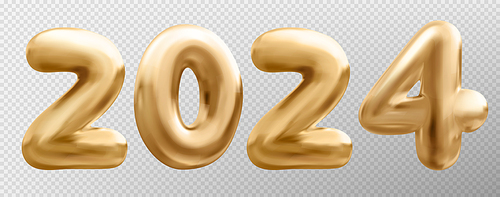 3d gold balloon number 2024 new year, realistic isolated vector. Golden holiday party decoration. Metal typography glossy symbol for sale decor. Metallic ballon shiny font on transparent