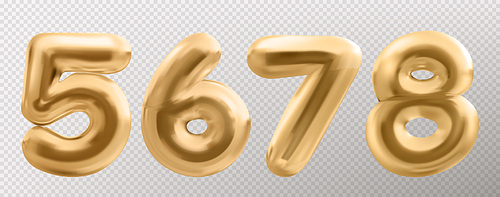 3d gold balloon number font, realistic isolated vector set. Golden anniversary or birthday party celebrate. Metal typography glossy symbol for sale decor. Metallic ballon shiny font on transparent
