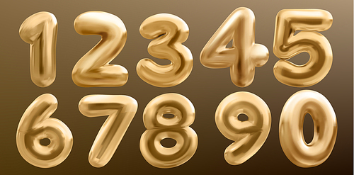 3d gold balloon number font, realistic isolated vector set. Golden anniversary or birthday party celebrate. Metal typography glossy symbol for sale decor. Metallic ballon shiny font big pack