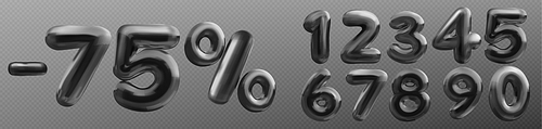 Vector 3d metal number font set. Glossy balloon alphabet sale set with 1, 2, 5 and 7 digit. Isolated luxury black abc set to type one, zero on transparent background. Bold rounded symbol icon