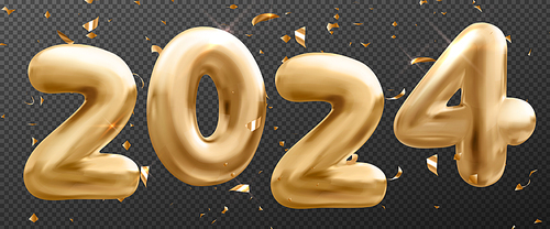 3d gold 2024 numbers for Happy New Year greeting card or banner. Party poster template with glossy golden balloons in shape of year number and confetti, vector realistic illustration