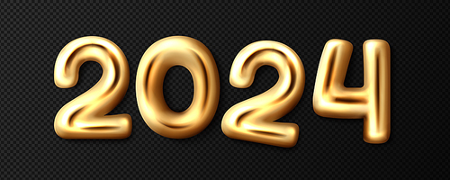 3d gold numbers of 2024 year. Happy New Year celebration party decoration. Luxury golden balloons in shape of 2, 4 and 0 digits, vector realistic illustration isolated on transparent background