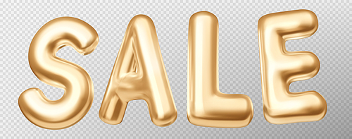 3d gold sale shop vector on transparent background. Balloon letter promotion element for discount banner in shop. Golden text for advertising. Isolated ballon word for black friday price offer
