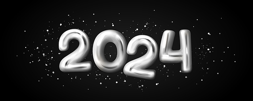 3d 2024 text for Happy New Year banner. Greeting card template with glossy silver balloons in numbers shape and confetti, vector realistic illustration on black background