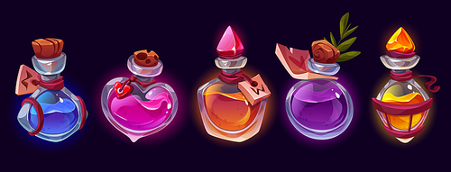 Potion bottles with magic elixir, cartoon glass flasks with colorful glowing liquid and corkwood or crystal plugs. Witch poison gui or ui game assets, alchemist apothecary vials, Vector icons set