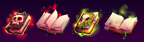 Open and closed magic spell books collection. Cartoon vector illustration set of evil witchcraft volumes decorated with spooky human and animal skulls, glowing with red and green colors. Game props