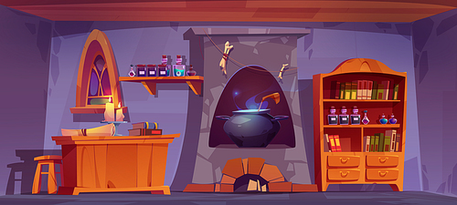 Magic potions shop interior with furniture. Cartoon vector illustration of alchemist room with cauldron boiling in stone oven, wooden work desk with books, bottles with elixirs on shelf, gothic window