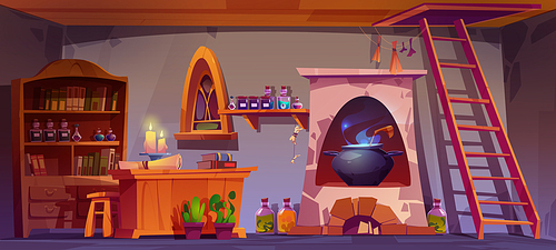 Alchemist, witch or wizard room with books, potions, candles and cauldron in stove. Magician laboratory or alchemy shop interior with flasks and bottles on shelves, vector cartoon illustration