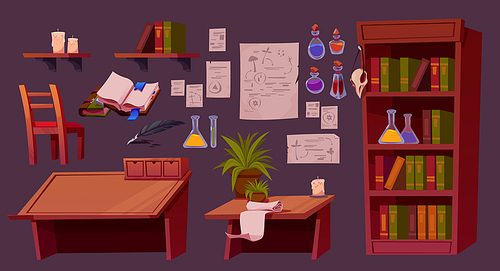 Cartoon set of furniture for alchemist room interior design. Vector illustration of wooden desk, chair, shelf with glass potion bottles and flasks, old books, ancient posters, potted plant and candle