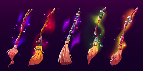 Cartoon set of witch broomsticks isolated on dark background. Vector illustration of magic flight transport with wooden handle glowing with neon colors, sparkles. Witchcraft accessory. Halloween item