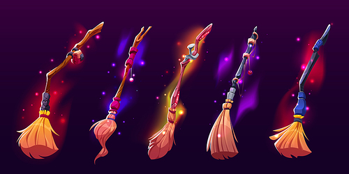 Cartoon set of witch broomsticks isolated on dark background. Vector illustration of magic flight transport with wooden handle glowing with neon colors, sparkles. Witchcraft accessory. Halloween item