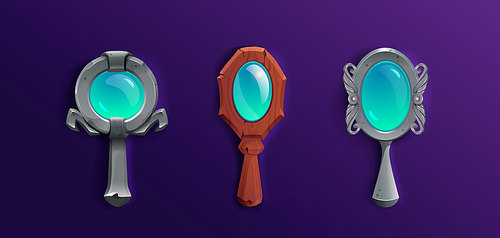Set of cartoon hand mirrors in stone, wood and metal frames isolated on background. Vector illustration of antique magic glasses with fortunetelling power. Enchanted witchcraft accessory, game props