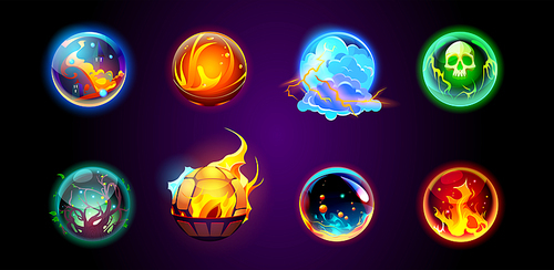 Isolated magic prophecy sphere vector icon. Glow crystal energy orb ball for fantasy game object. Circle light globe magician element for prediction set. Shiny fireball with flame illustration.