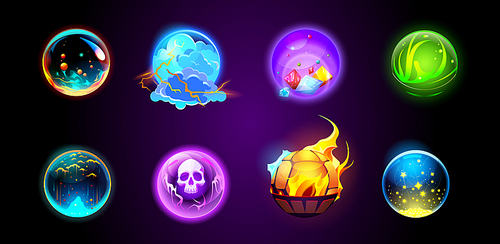 Cartoon set of magic fortune telling crystal balls on dark background. Vector illustration of neon color witchcraft energy spheres with lightning, meteor shower, gemstones, skull, fire, stars inside