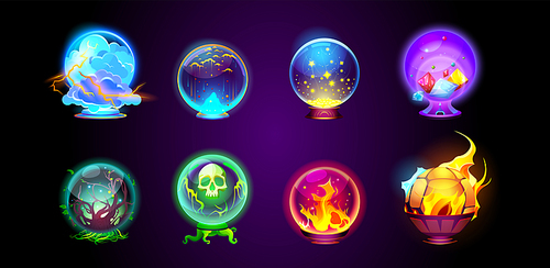 Cartoon set of magic fortune telling crystal balls on dark background. Vector illustration of neon color witchcraft energy spheres with lightning, meteor shower, gemstones, skull, fire, tree inside