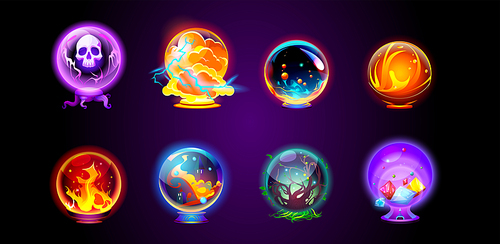 Magic crystal balls, energy orbs on stands. Game icons of fantasy fortune teller or wizard crystal spheres with shine, fire, lightning, green tree, gems and skull, vector cartoon illustration