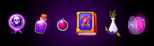 Game icons of witch or wizard magic stuff. Ui elements, set of potion bottle, mirror, magic spells book, amulet, fortune teller crystal ball and herbs, vector cartoon illustration