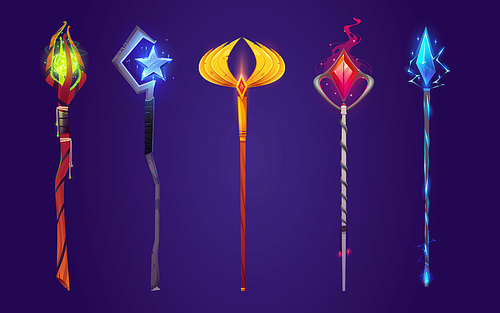 Magic vector staff, wizard game fantasy stick. Magician scepter weapon with crystal and wood cane. Sorcery battle golden stuff to use for spell and attack in magical battle. Enchantment rod set