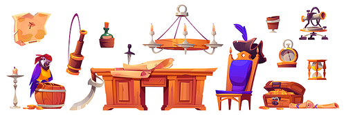 Pirate cabin interior stuff, isolated set. Wooden table, old map, treasure chest, parrot and barrel with rum, captain cocked hat, chair, spyglass and bottle with message, Cartoon vector illustration